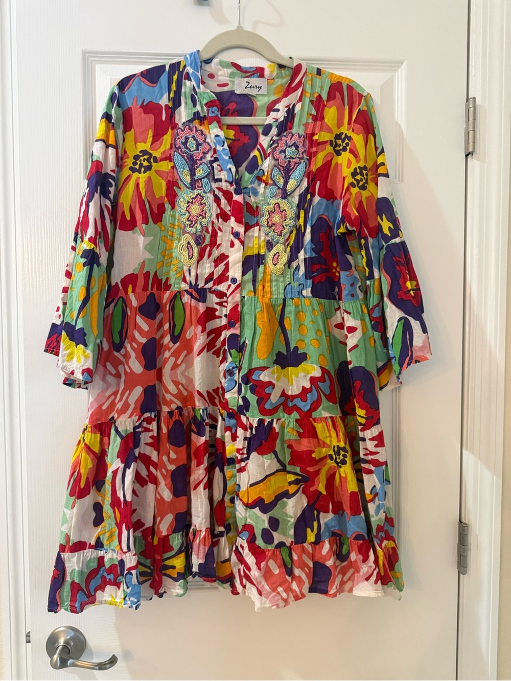 Zury Women’s Floral Patchwork Beaded Tunic Dress in Red, Yellow, Blue, Green
